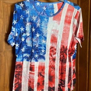 Gloria Vanderbilt Womens Casuals American Flag Rhinestone USA T Shirt, Size L